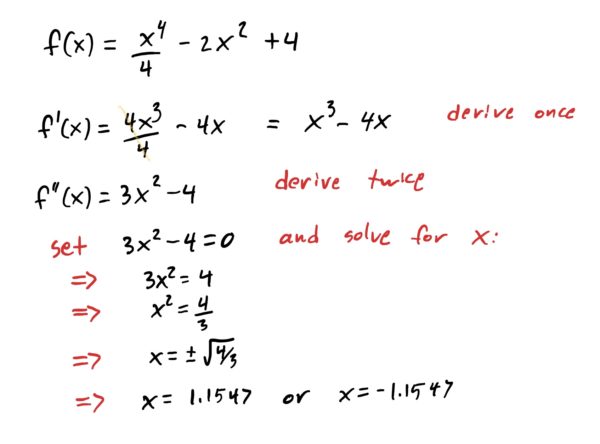 finding the second derivative, setting it equal to zero, and solving for potential inflection points.