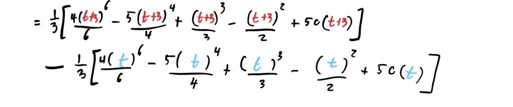 result of integration with t+3 and t pluggedinto the antiderivative of the given function