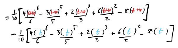 final answer with t+10 and t plugged into the antiderivative of F with a 1/10 multiple out in front